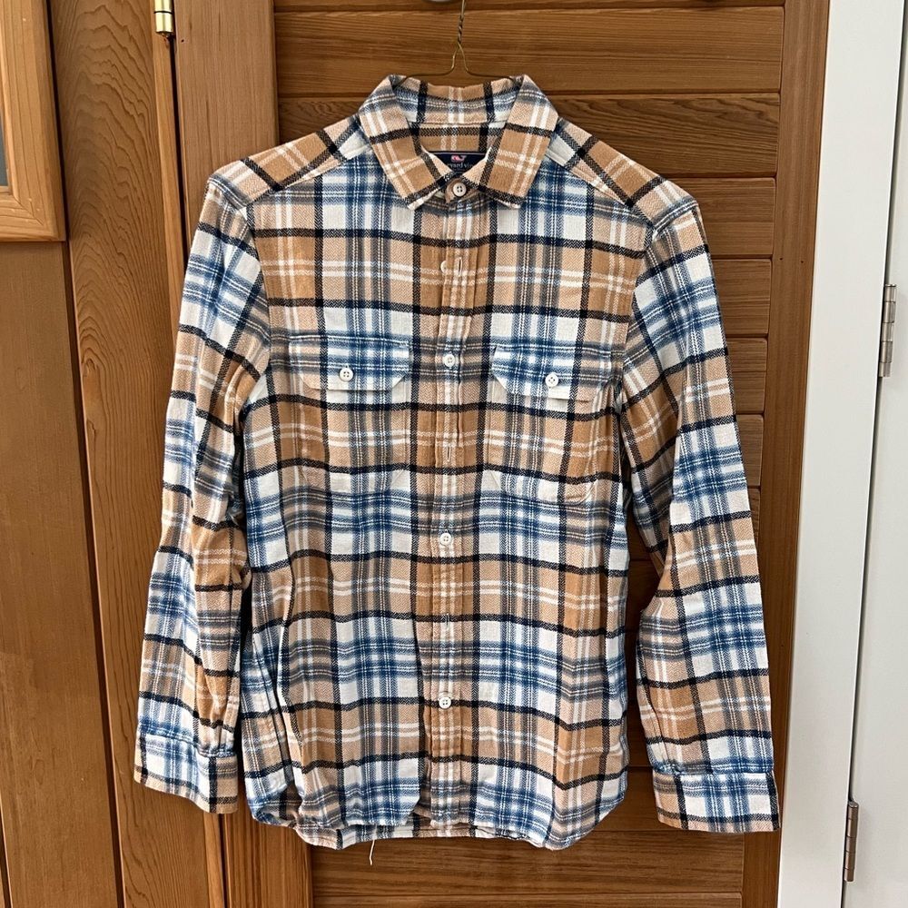 Vineyard Vines Flannel Plaid Herringbone Button Down Workshirt Toasted Almond